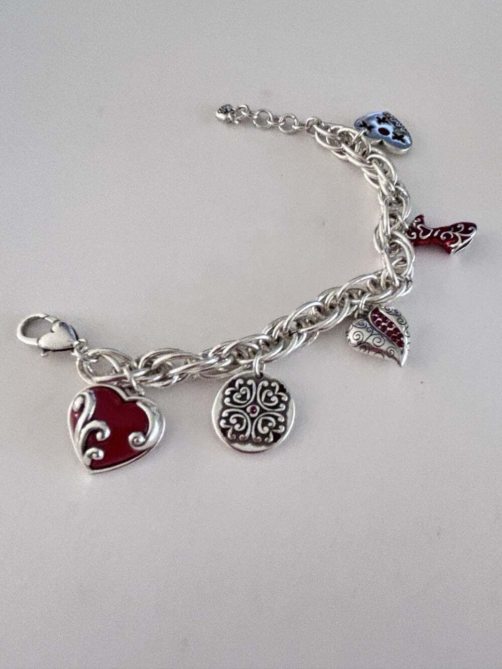 Brighton silver plated "Go Red" Heart, Hope, Red dress Charm Bracelet
